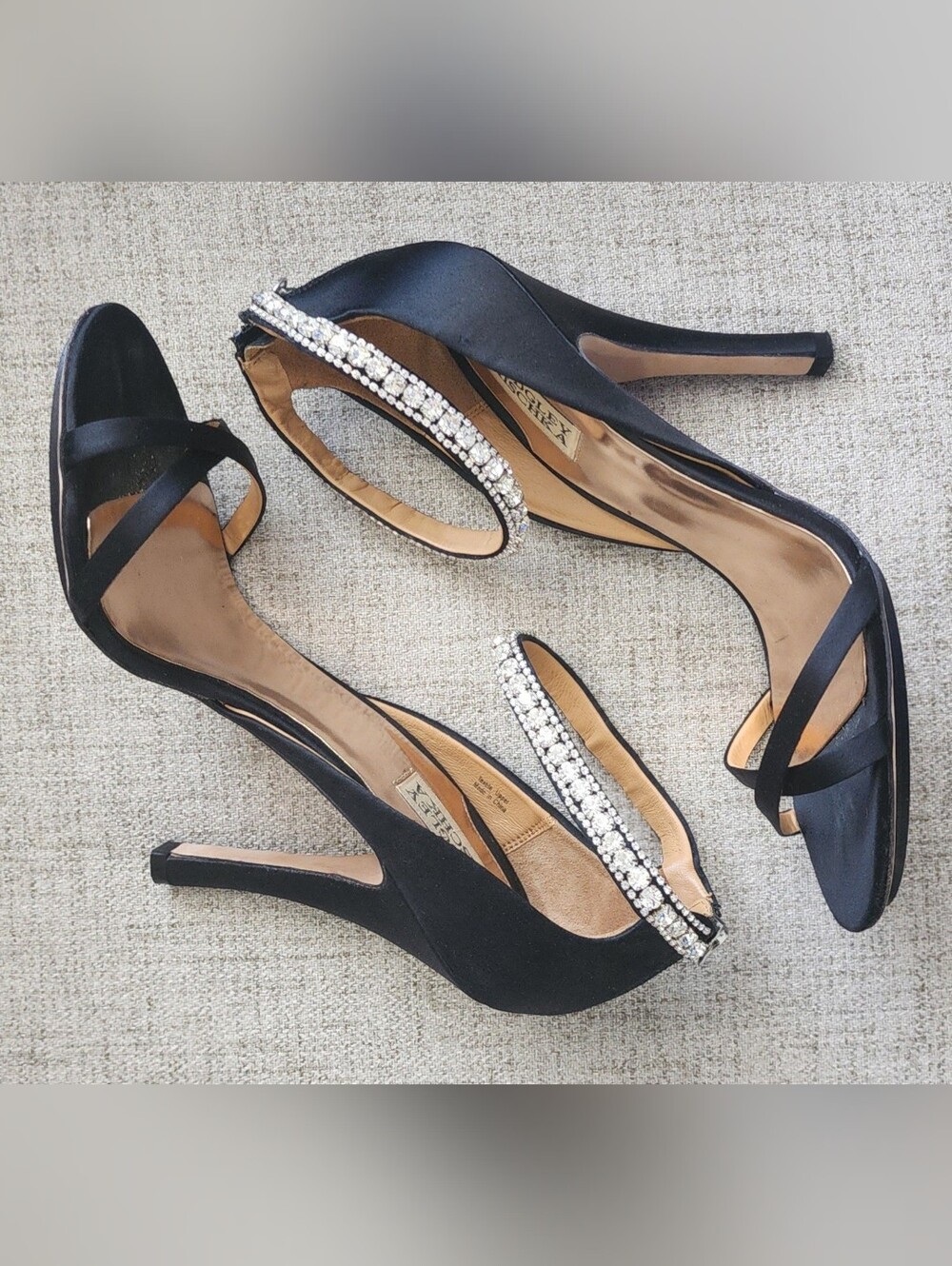 Badgley Mischka "Decadence" Black Open-Toe Heels with Crystal Ankle Strap